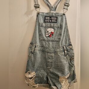 Distressed Denim Overalls with Skull Patch